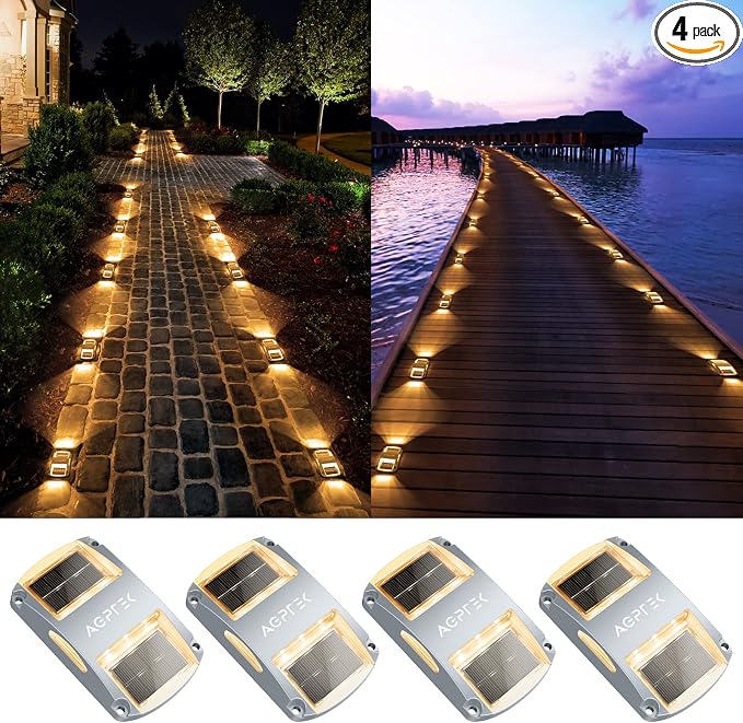 AGPTEK Solar Driveway Lights 4 Pack, Outdoor Deck Dock Marine Waterproof | LED Solar Powered Driveway Marker Lights for Warning Step, Sidewalk, Pathway, Garden, Yard (Warm White)