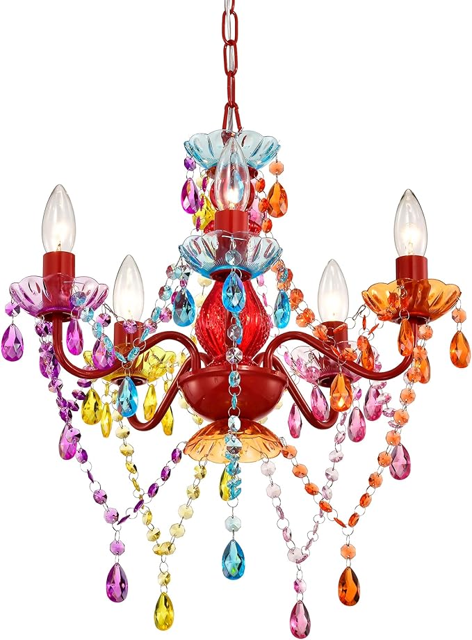 Colorful Chandelier for Bedroom Small 5-Light Acrylic Crystal Ceiling Light Fixture for Girls Bedroom, Pink Nursery Chandelier Lighting for Closet, Bathroom, Playroom, Entryway