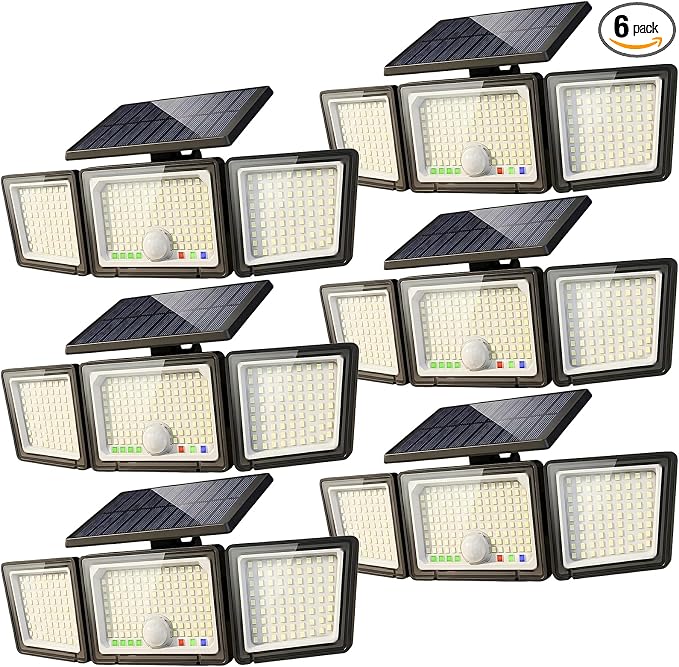 Solar Outdoor Lights Motion Sensor, 2500LM 286 LED Security Flood Lights with Visual Battery & Mode Display, 3 Lighting Modes, IP65 Waterproof 3-Head Wide Angle for Garage, Yard, Patio (6 Pack)