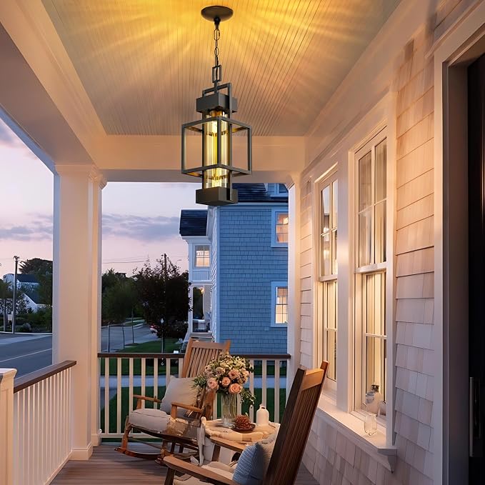 Hotsonic 15'' Outdoor Indoor Pendant Light Exterior Hanging Lantern, Modern Metal Outside Chandelier Light Fixture Black Ceiling Mount with Water Glass for Front Porch Entrance Foyer Entryway