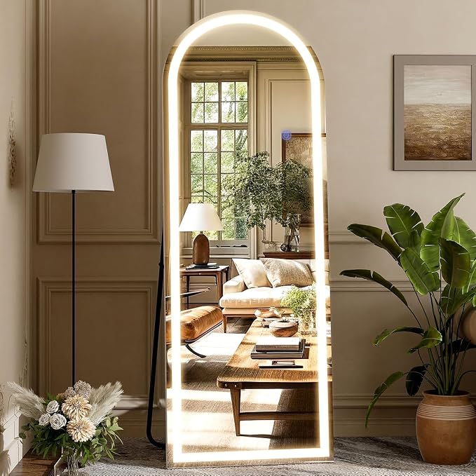 Arched LED Mirror Full Length, 63x20 Inch Tall Floor Mirror Body Mirror | Free Standing Floor Mirror with Aluminum Frame Accent, 3 Color Lighting for Home Decor, Bedroom Decor and Cloakroom