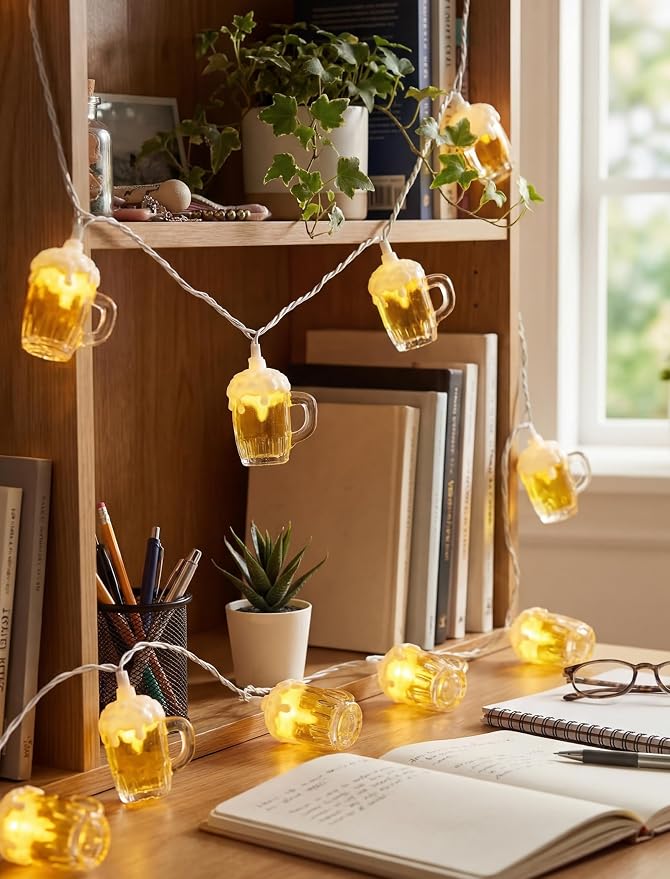 LED Beer Mug Camping String Lights, 8.5Ft Hawaiian Decor Lights Plug in | Connectable Tropical Beach Outdoor String Lights, 10 3D Beer Cup Bulbs, Summer Decor for Tent Holiday Party Garden