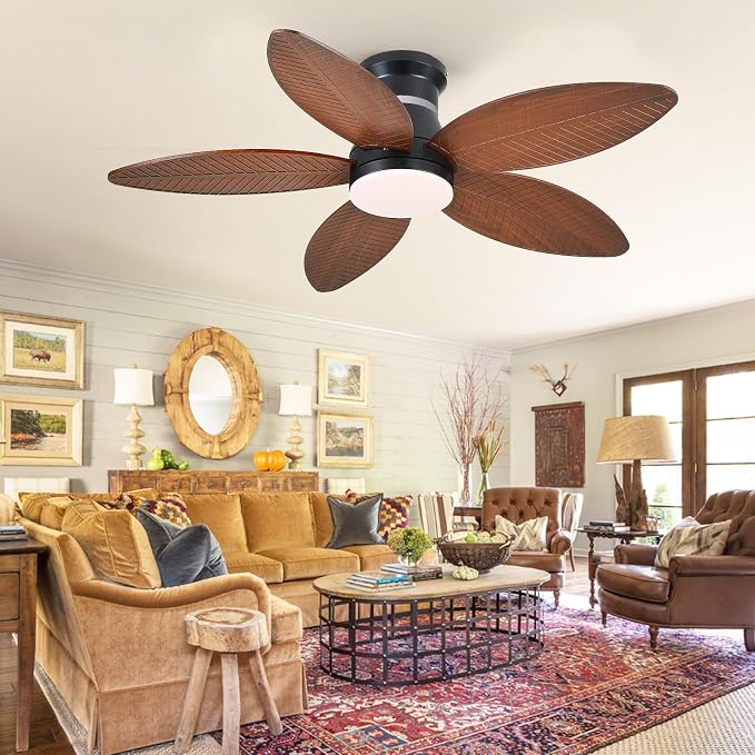 Tropical Palm Leaf RGB Ceiling Fans with Lights 46”, Brown Flush Mount Ceiling Fan with Light and Remote, 3CCT Dimmable LED&&Side RGB Light, Reversible 6 Speeds, Quite Low Profile Ceiling Fan Party