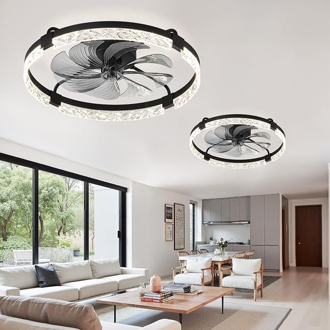 LEDIARY 2 Pack 24" Ceiling Fans with Lights and Remote, Fandelier Black | 3CCT, 6 Speeds, Dimmable Low Profile, Flush Mount Ceiling Fan, Timer, Reversible, Memory, Bedroom, Living Room, Kitchen