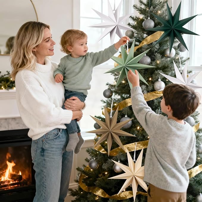 SUNBEAUTY Sage Green 9-Pointed 12 Inch Paper Star Lanterns Christmas Hanging Lamp Paper Decorations Shade Wedding Birthday Christmas Home Party Decorations