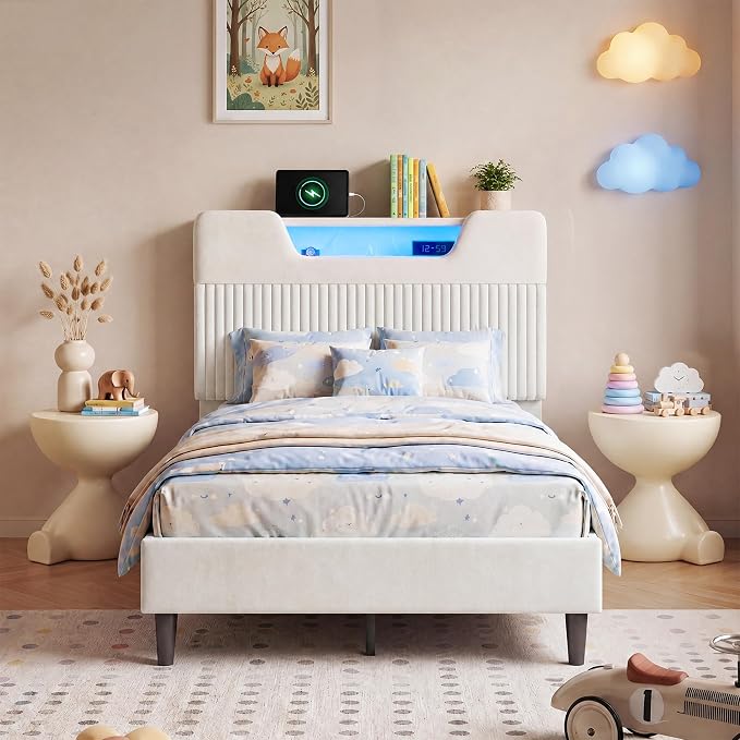 Homkdom Twin Bed Frame with Charging Station & Storage Headboard,White | 1USB-C & 2USB-A Charging, RGB LED Lights,7.78" Under-bed Storage,Velvet Upholstered Headboard,No Box Spring,Easy Assembly.
