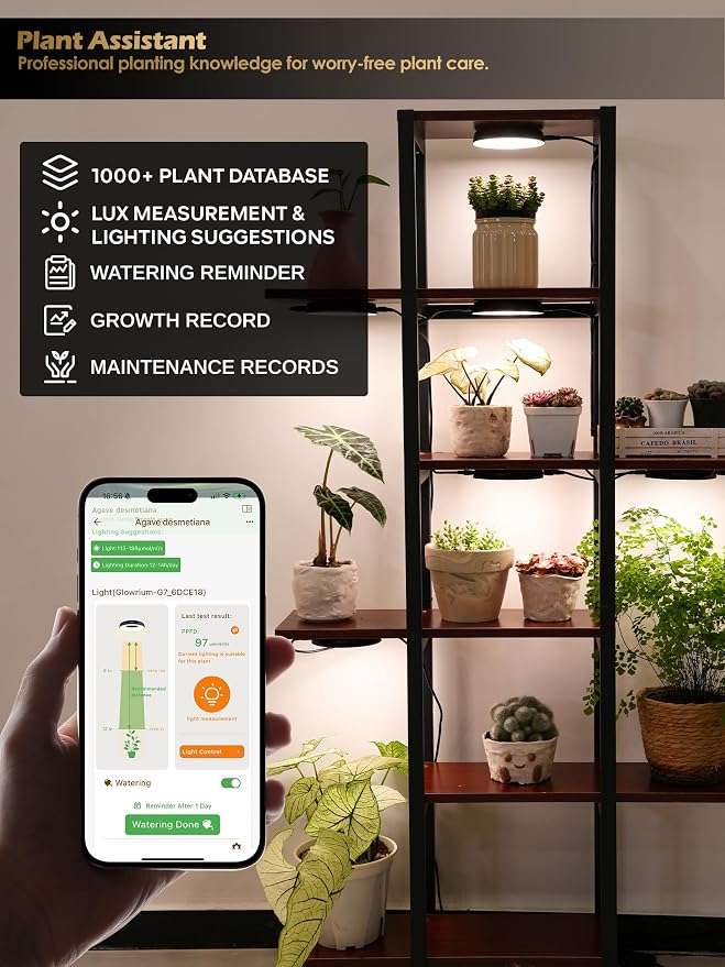 Smart Full Spectrum LED Grow Light for Indoor Plants (Black 6PCS) | 48W LED Grow Lights with Auto Timer, Stepless Dimming Plant Light, APP Plant Assistant with Watering Reminder, Modular Design