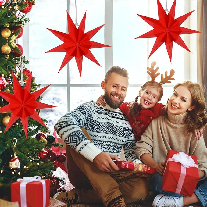 SUNBEAUTY 3 Pcs 9-Pointed Red Paper Star Lanterns 12 Inch Christmas Hanging Lamp Red Paper Decorations Shade Wedding Birthday Christmas Home Party Decorations