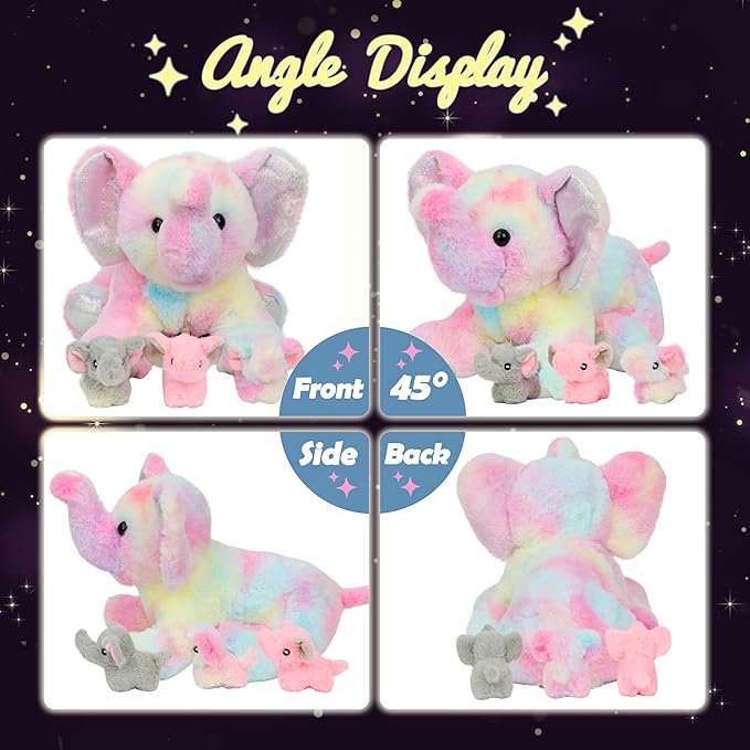 Hopearl LED Plush Colorful Elephant Light up Stuffed Mommy Elephant with 3 Baby Elephish in her Tummy Floppy Stuffed Animal Playset Night Lights Glow in the Dark Birthday Gifts for Toddlers, 18''