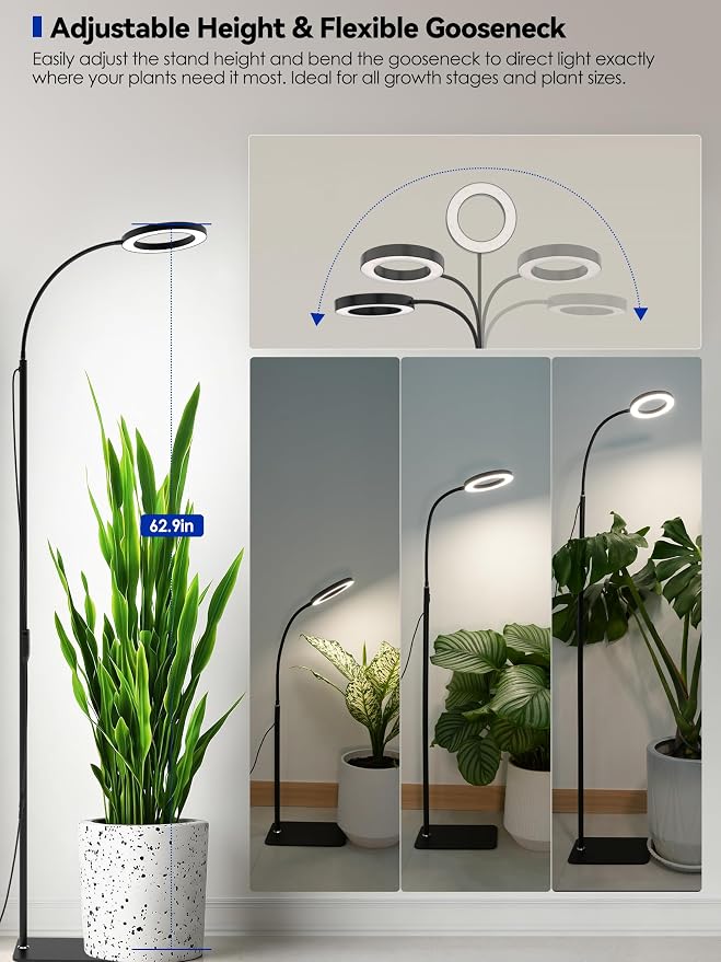 36W Grow Lights for Indoor Plants,Full Spectrum LED Plant Light with Stand | Dual Heads, Adjustable Height and Angle, 3/9/12H Timer, Dimmable, 3 Modes Floor Plant Growing Lamp for Indoor Growing, Black
