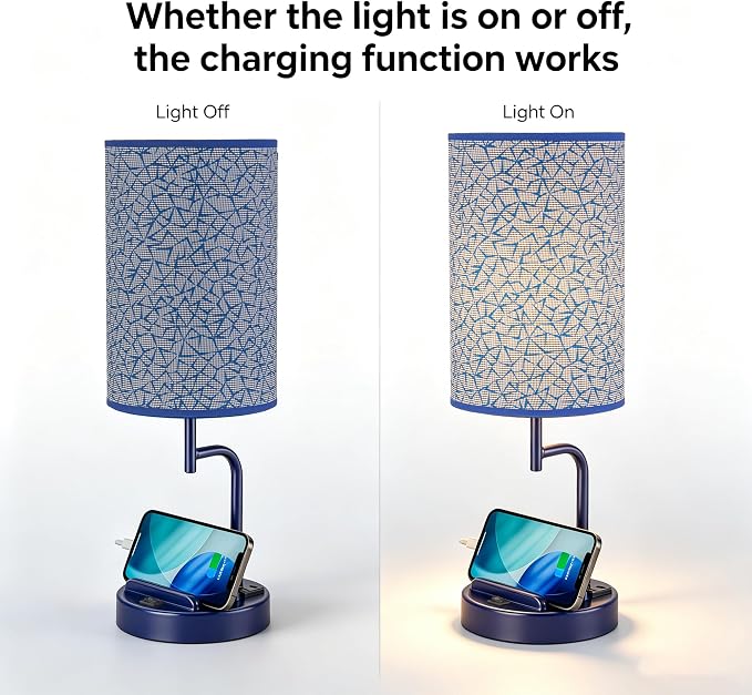 Dreamholder 2 Pack Table Lamp, Bedside Lamp with 3 USB Charging Ports & AC Outlet, USB Desk Lamp with 2 Phone Holders, Linen Fabric Shade Nightstand Lamps for Bedroom Living Room Office, Blue