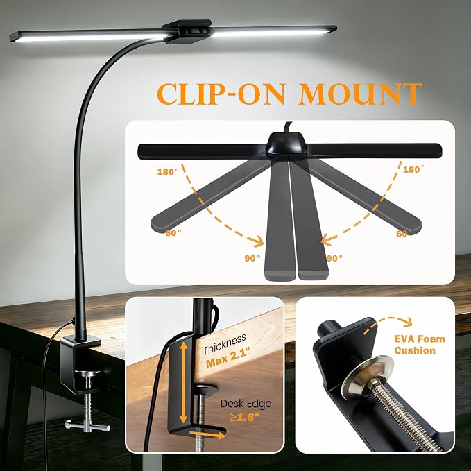 LED Desk Lamp for Home Office, Double Head Computer Monitor Light with Clamp, 5 Color Modes and 3 Brightness Levels, Long Flexible Goose-Neck, USB Eye-Caring Clip on Lights for Reading, Black