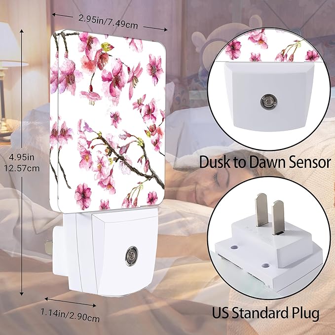 Cherry Blossom Night Light, Japanese Sakura Night Lights Plug into Wall Decor for Bedroom, Bathroom, Hallway, Kitchen, Dusk to Dawn Sensor Nightlights for Boys Girls Women Men Room Gifts