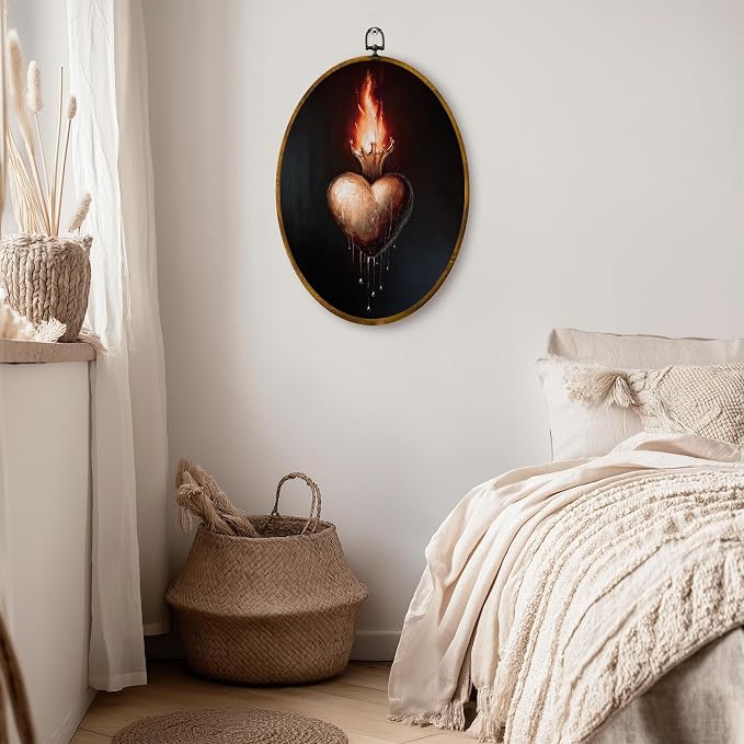 zewepri Sacred Heart Oval Wall Art, Gothic Vintage Decor, 8.5x11.5 | Vintage flaming heart print adds moody gothic charm to nursery, bedroom, bathroom, living room, or gallery wall