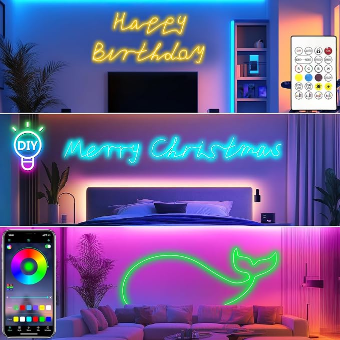 Cozylady RGB Neon Light LED Rope Light,Waterproof Bluetooth APP Remote Control Music Sync Strip Light,24V Flexible DIY Silicone Light for Bedroom Home Indoor Outdoor Decoration (50Ft/15M)