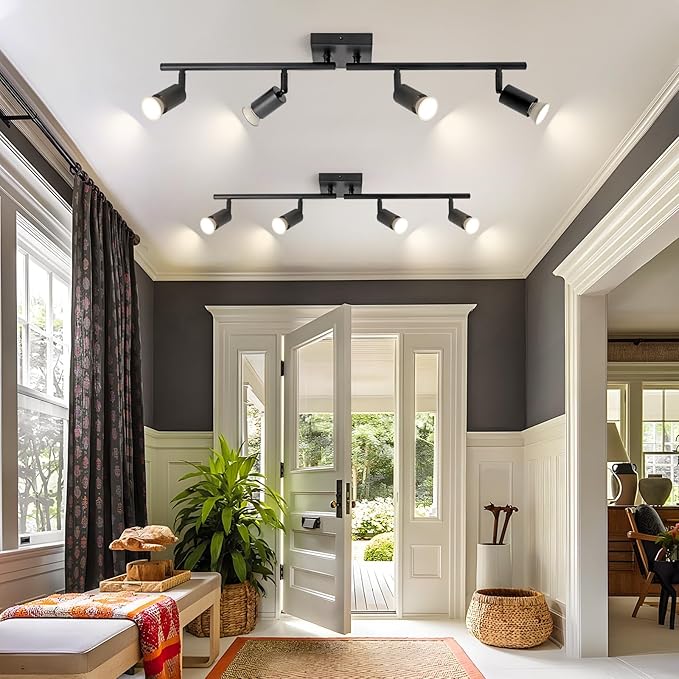 SEEBLEN 4-Light GU10 Track Lighting, Black Adjustable Ceiling Spot Light Kit, Industrial Flush Mount LED Track Light for Kitchen, Hallway, Living Room