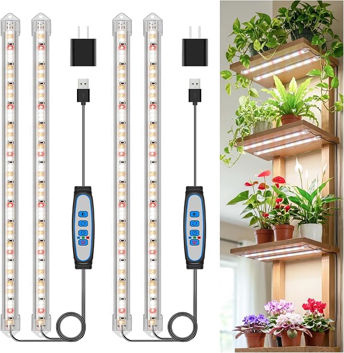 Kullsinss 16in Grow Light Strips, 2-Bar 120 LEDs Full Spectrum Plant Light | Under Cabinet Growing Lamp for Indoor Plants with 6/12/16H Auto Timer, 5 Dimmable Levels, 5V Plant Lamp for Seedling (2-Pack)