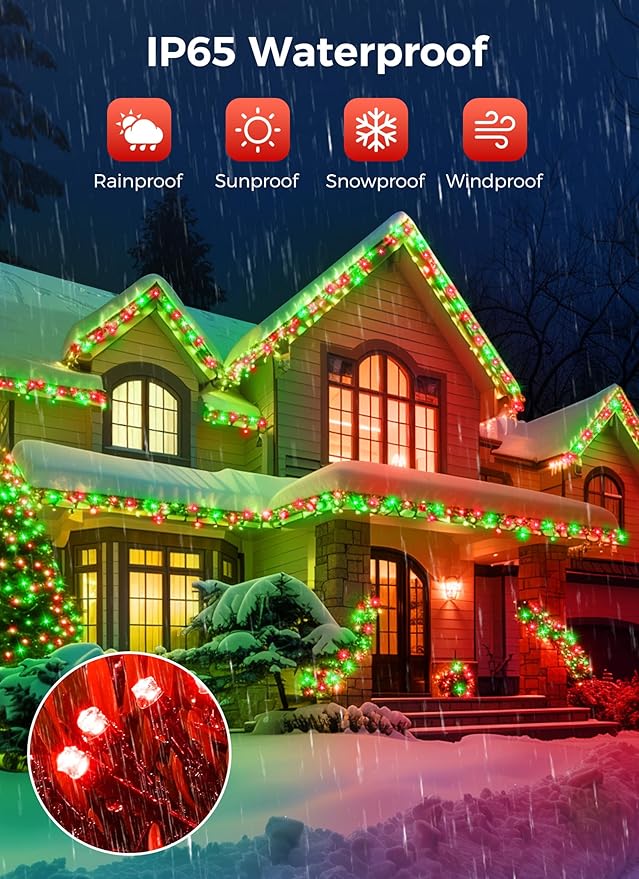 Minetom Solar Christmas Lights Outdoor Waterproof, 2 Pack Total 80FT 200 LED Solar Lights with 8 Modes, Solar Christmas Outdoor Decoration, Solar String Lights for Outside House Tree, Red & Green