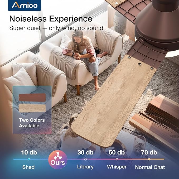 Amico 52 Inch Brown Low Profile Ceiling Fans with Lights and Remote | Flush mount, 3-color dimmable light, quiet reversible DC motor, easy install, memory, timer, bedroom, covered outdoor areas