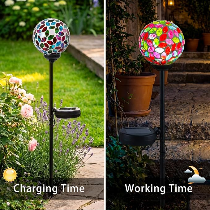 VCUTEKA Decorative Solar Garden Lights, 3.5" Mosaic Globe Outdoor Stake | Mosaic Glass Globe Design, Solar LED Light, Waterproof Design, Auto On/Off and Metal Stake Design for Lawn and Patio