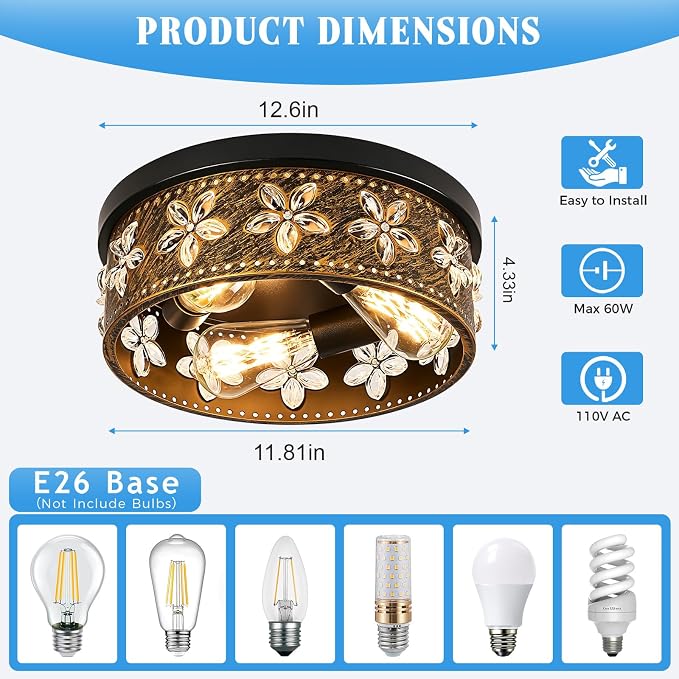 12.6 Inch Black Flush Mount Ceiling Light Fixture | 3-Light, Flower, Farmhouse, Kitchen, Dining Room, Bedroom, Living Room, Foyer, Entryway