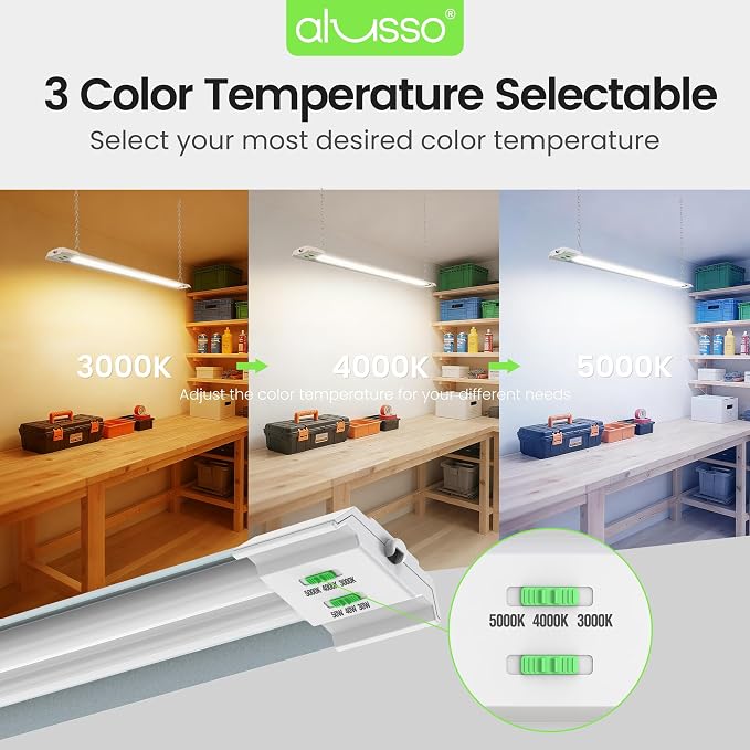 ALUSSO® LED Shop Lights 4FT with Reflector, 5000LM Super Bright, Adjustable 3000K-5000K Color Temperature, 120V, Warm to Cool Daylight Linkable Shop Lights for Workshop/Basement, 4 Pack