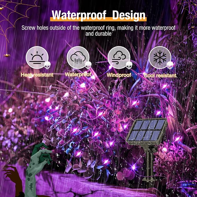 btfarm 2 Pack Solar Halloween String Lights Outdoor Purple | Total 160LED 66FT Solar Fairy Lights Outside Waterproof, 8 Modes Solar Powered Twinkle for Tree Garden Patio Spooky Decor