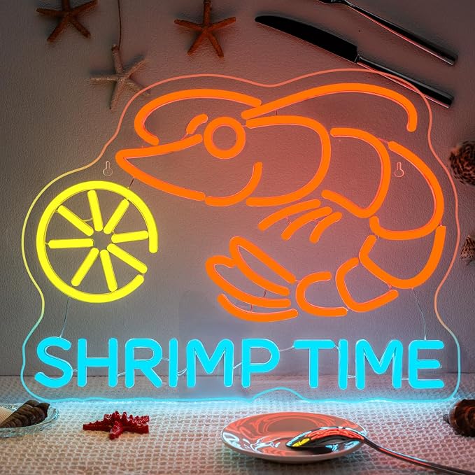 Shrimp Time Neon Sign LED Anime Light Up Bar Kitchen Shrimp Neon Signs for Wall Decor Seafood LED Sign Lobster Orange Light Up Bar Decor Restaurant Game Room Art Wall Restaurant Gifts for Beer Lover