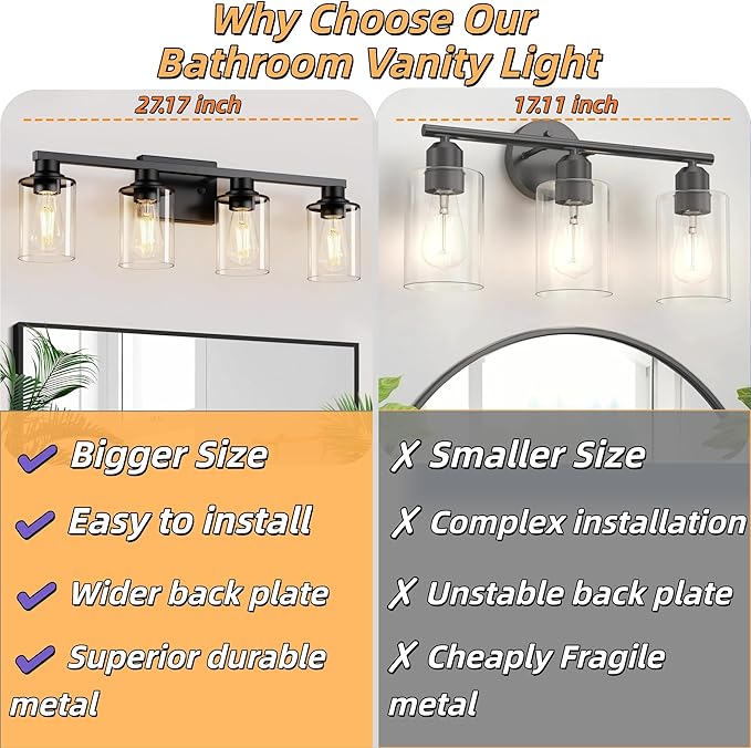 L LOHAS LED 4-Light Bathroom Vanity Lights Over Mirror, 27 Inch Black Bathroom Light Fixtures with Clear Glass Shade, Modern Vanity Lights for Living Room Hallway Bedroom
