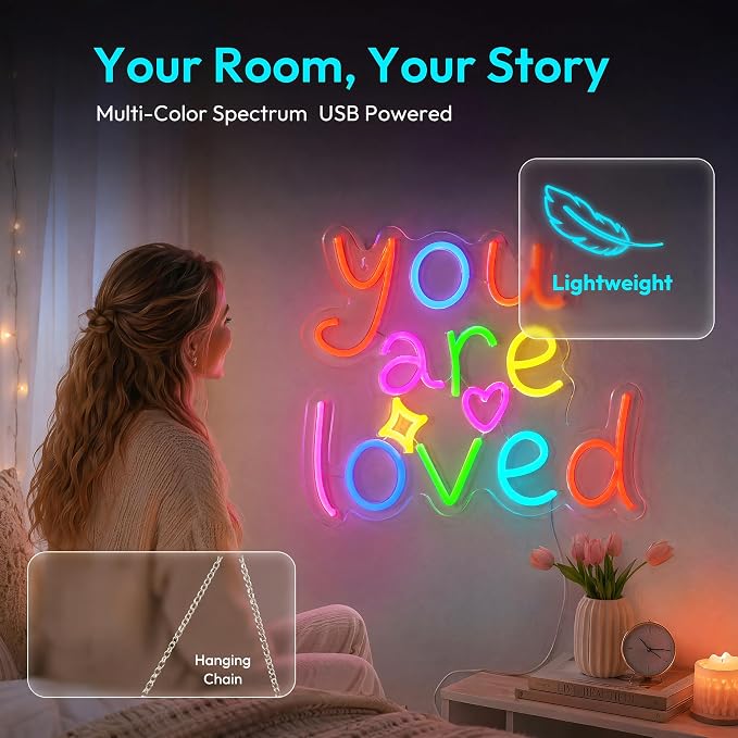 You Are Loved Neon Light for Wall Decor, Dimmable Sign for Bedroom | 16"x12" Colorful Letter Light, Birthday Gift for Daughter/Son/Girlfriend (No Adapter) 6.5ft USB Powered