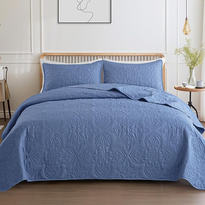 Whale Flotilla Cal King Quilt Set Vintage Damask Reversible Bedspread | Suitable for Bed, 3 Pieces Bluish Grey Lightweight Breathable Oversized Quilts, Ultrasonic Coverlet with 2 Pillow Shams