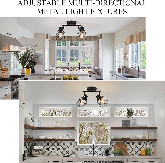 2 Lights Adjustable Multi-Directional Black Light Fixtures, Semi Flush Mount Ceiling Light, Kitchen Light Fixtures Ceiling Mount, Geometric Metal Cage Industrial Spotlight Fixtures for Dining Room