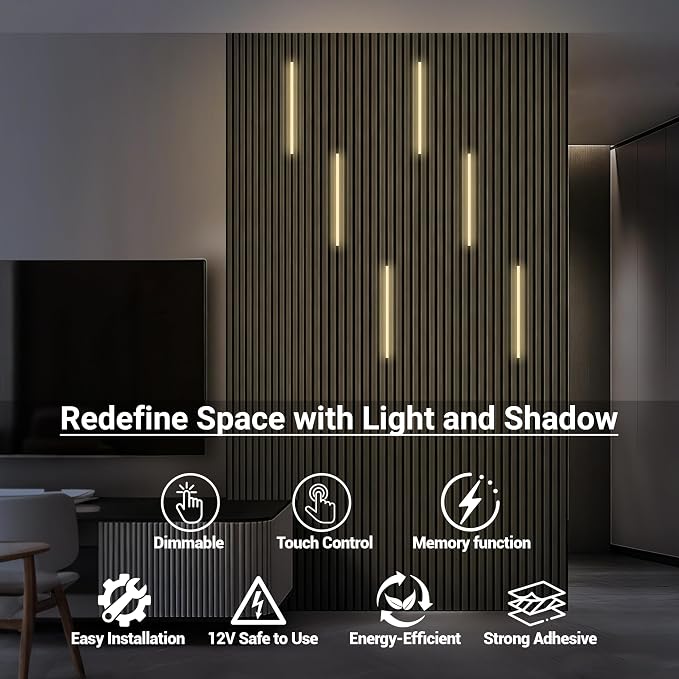 HAMRVL Black LED Recessed Lighting Kit - 6 PCS 16-Inch 3000k Dimmable Warm White LED Lights with Touch Switch, Wall Panel Light for Wood Slat Wall Panels, Headboards, Stairs, Under Cabinet, Home Decor