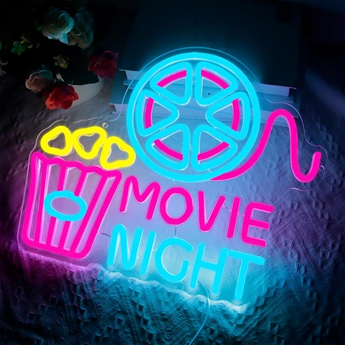 Movie Night With Popcorn Paper Box Neon Sign, Cinema LED Neon Light for Wall Decor, Movie Time Home Cinema Decor, Dimmable USB Neon Lights for Film Room Cinema Man Cave Party Birthday