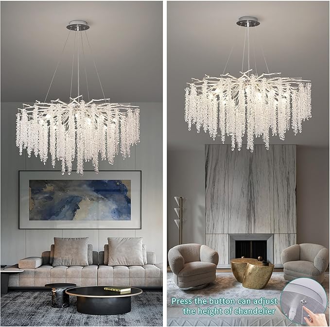 Crystal Tree Branches Chandeliers Luxury Round Raindrop Pendant Light Fixture Ceiling Hanging Light for Dining Room Bedroom Living Room Entryway D31.5“ Silver
