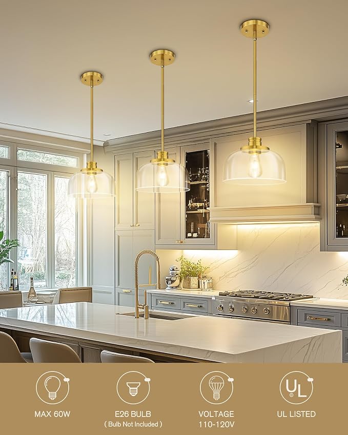 Emak 10 Inch Pendant Lights Kitchen Island, Brushed Gold Pendant Light Fixtures with Clear Glass Shade, Modern Island Lights for Kitchen, Dining Room, Bathroom, PL131-BGD-CG