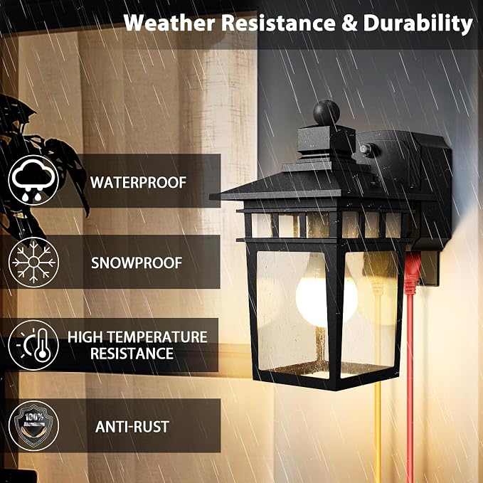 2 Pack Outdoor Light with GFCI Outlet,Black Dusk to Dawn Porch Lights Outdoor Wall Light Fixture with Outlet,Aluminum Exterior Lighting Fixtures Wall Mount,Waterproof Outside Lights for House