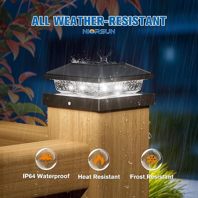 NIORSUN Solar Post Lights Outdoor, Fence Post Solar Lights Cool White, Waterproof, Garden Patio Fence Deck Decor, 4x4 Posts Cap Wood Vinyl, Black 8 Pack