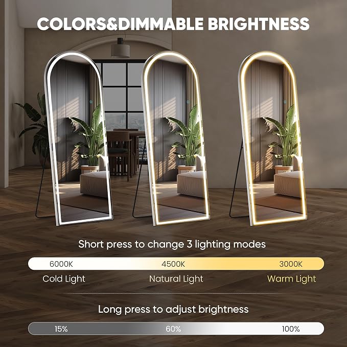 26"x71" Arched LED Full Length Mirror with Stand, Full Body Mirror | LED Lights 3 Color Lighting, Wall Hanging or Leaning, Floor Standing, Modern Simple Home Wall Decor