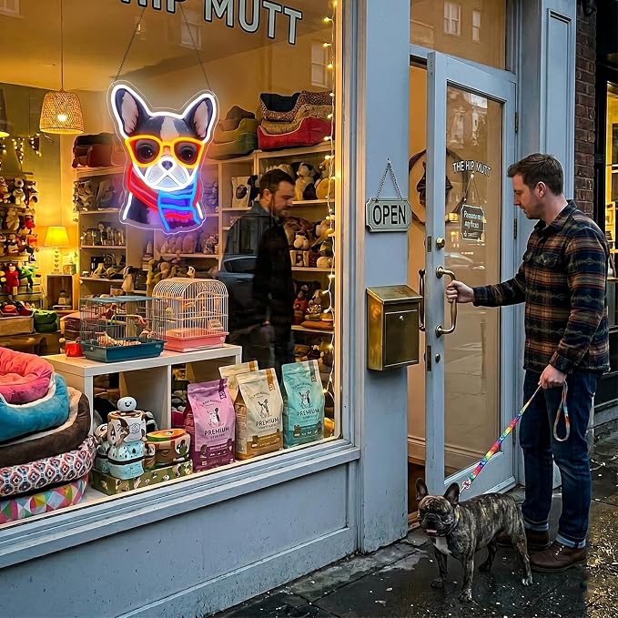 French Bulldog Neon Sign, Bull Dog Led Sign for Wall Decor, Usb Powered Adjustable Brightness Frenchie Wearing a Scarf Led Light for Bedroom Pet Rooms Bar Pub Party Decor, Unique Gift