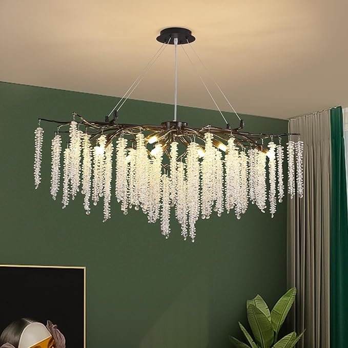 Tree Branch Chandelier L39.5 Inch Black Luxury Rectangular Crystal Raindrop Pendant Light 12 Lights Kitchen Island Hanging Light Fixture for Living Room Dining Room Foyer Entryway