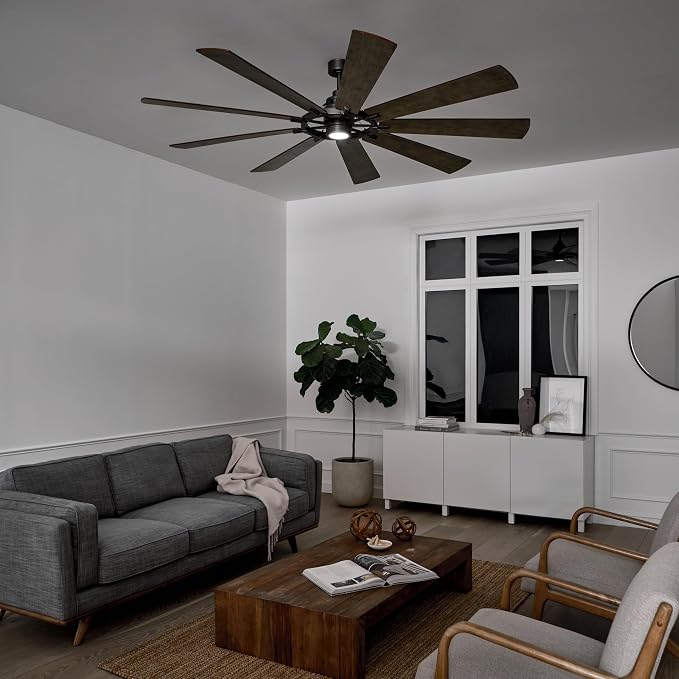 Kichler Gentry 85" Ceiling Fan with LED Light, Anvil Iron | Large DC motor fan with 9 blades and dimmable LED light for expansive indoor rooms, 300285AVI