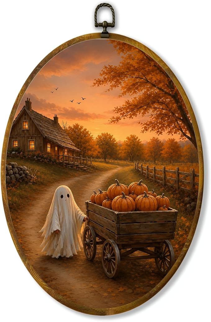 Ghost Pumpkin Wagon Oval Wall Art, Framed Canvas Decor, 8.5x11.5 Inch | Cute ghost pulling pumpkin wagon, autumn cottage road, cozy Halloween farmhouse decor
