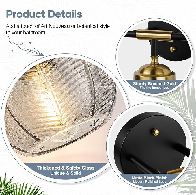 Bathroom Light Fixtures, 3-Light Smokegray Vanity Lights with Unique Leaf Texture Glass Shade, Modern Matte Black and Gold Bathroom Wall Lamp for Mirror Hallway Cabinet Living Room