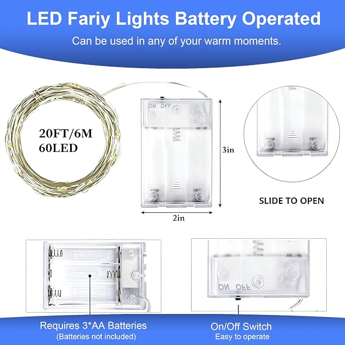 8 Pack LED Fairy Lights Battery Operated 20FT 60 LEDs Silver Wire String Lights Twinkle Lights Starry Fairy Lights for Bedroom Christmas Wedding Party Indoor Outdoor Decorations, Cool White