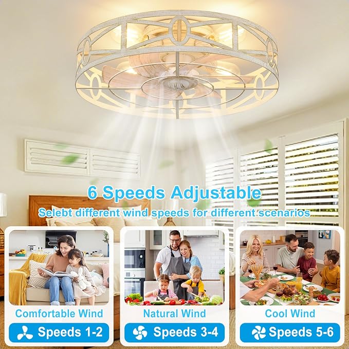 Depuley Flush Mount Ceiling Fan: 20" Caged Ceiling Fans with Remote Control for Patio Kitchen Bedroom - Low Profile Fandelier Lights Fixture Reversible 6 Speed Timer Cement 4*E26 Bulb Not Included