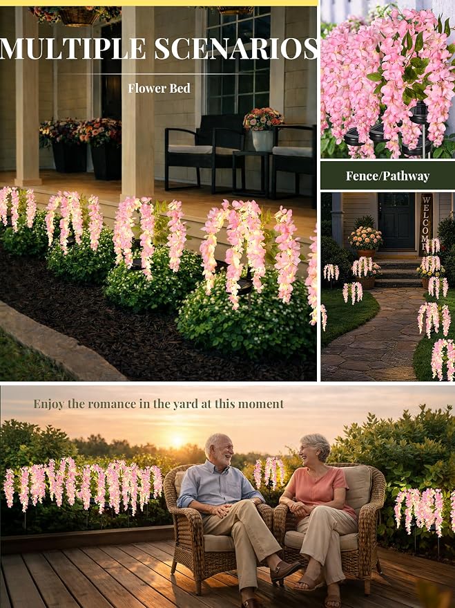 GIGALUMI 3 Pack Solar Wisteria Flowers Outdoor, 2 Modes, Pink | Flower Lights, IP65 Waterproof, Auto On/Off, Solar Powered, Garden Decor, for Pathway, Yard, Patio, Gardening Gifts for Women