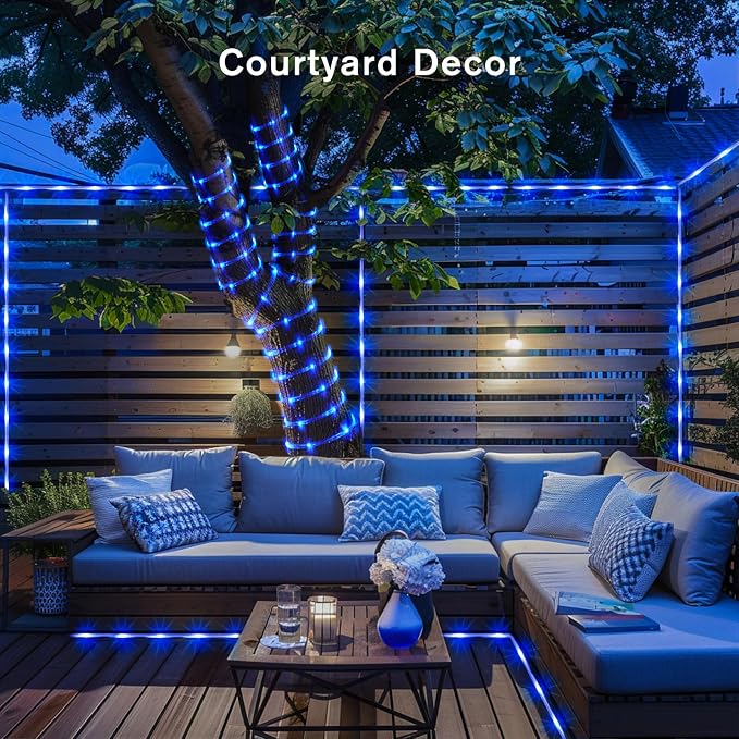 JMEXSUSS 2 Pack 100 LED Blue Solar Rope Lights, Solar Tube Lights Outdoor | IP65 Waterproof, 8 Modes, 33ft Trampoline Light for Xmas Fence Yard Walkway Path Garden Decor