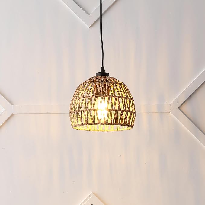 JONATHAN Y Campana 1-Light Pendant Dome Ceiling Lamp, 8.25", Brown | Modern Coastal Farmhouse Decor, Adjustable Height, Woven Rope Metal Frame, LED Bulb Included, UL Listed