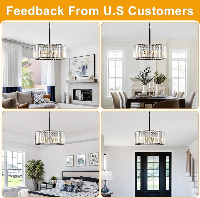 15" Modern Crystal Chandelier for Dining Room, No Assembly Required 4-Light Black Dining Room Light Fixture Over Table, Hanging Pendant Lights Fixture for Kitchen Island Living Room Foyer Entryway